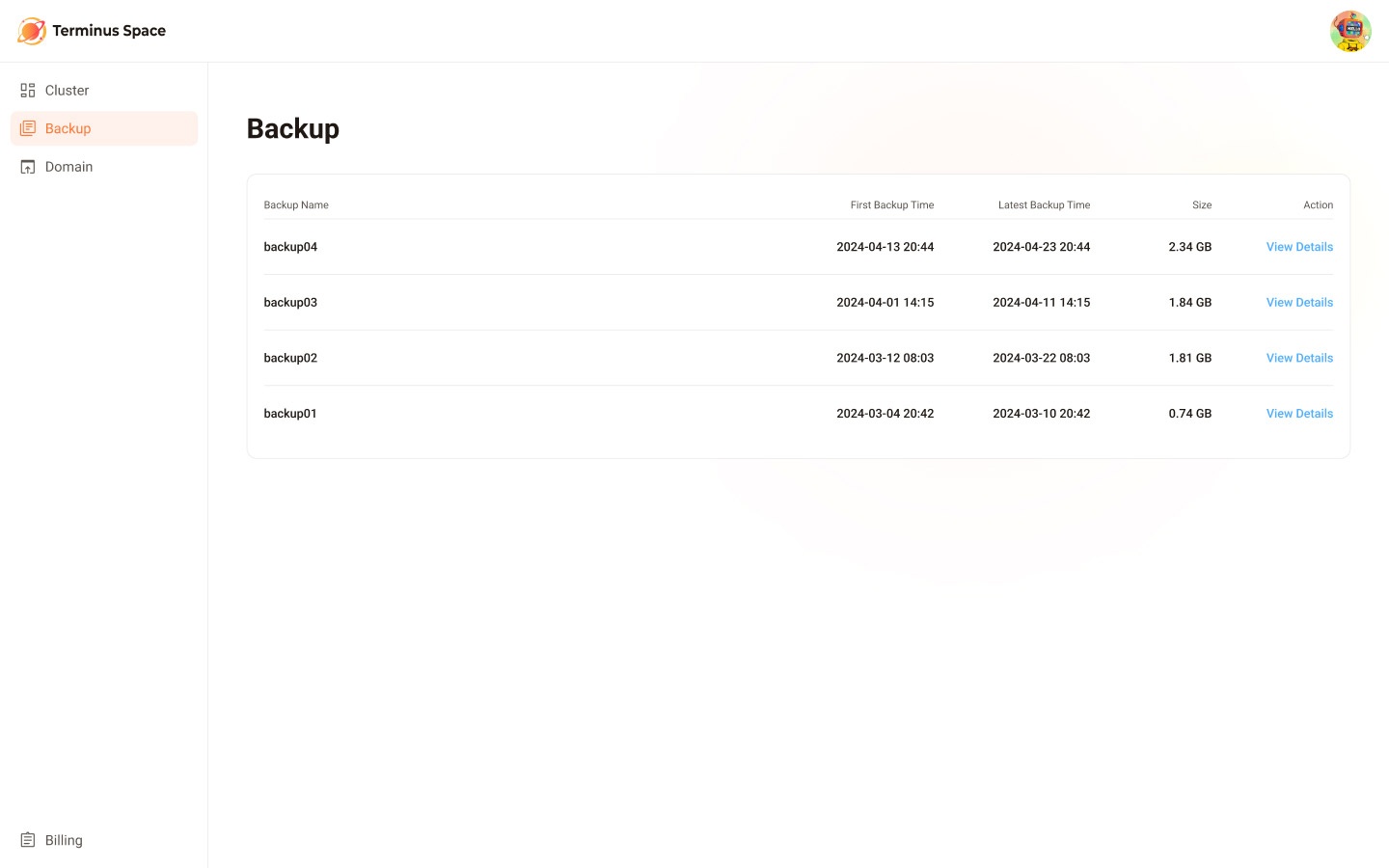 Backup task list in Olares Space