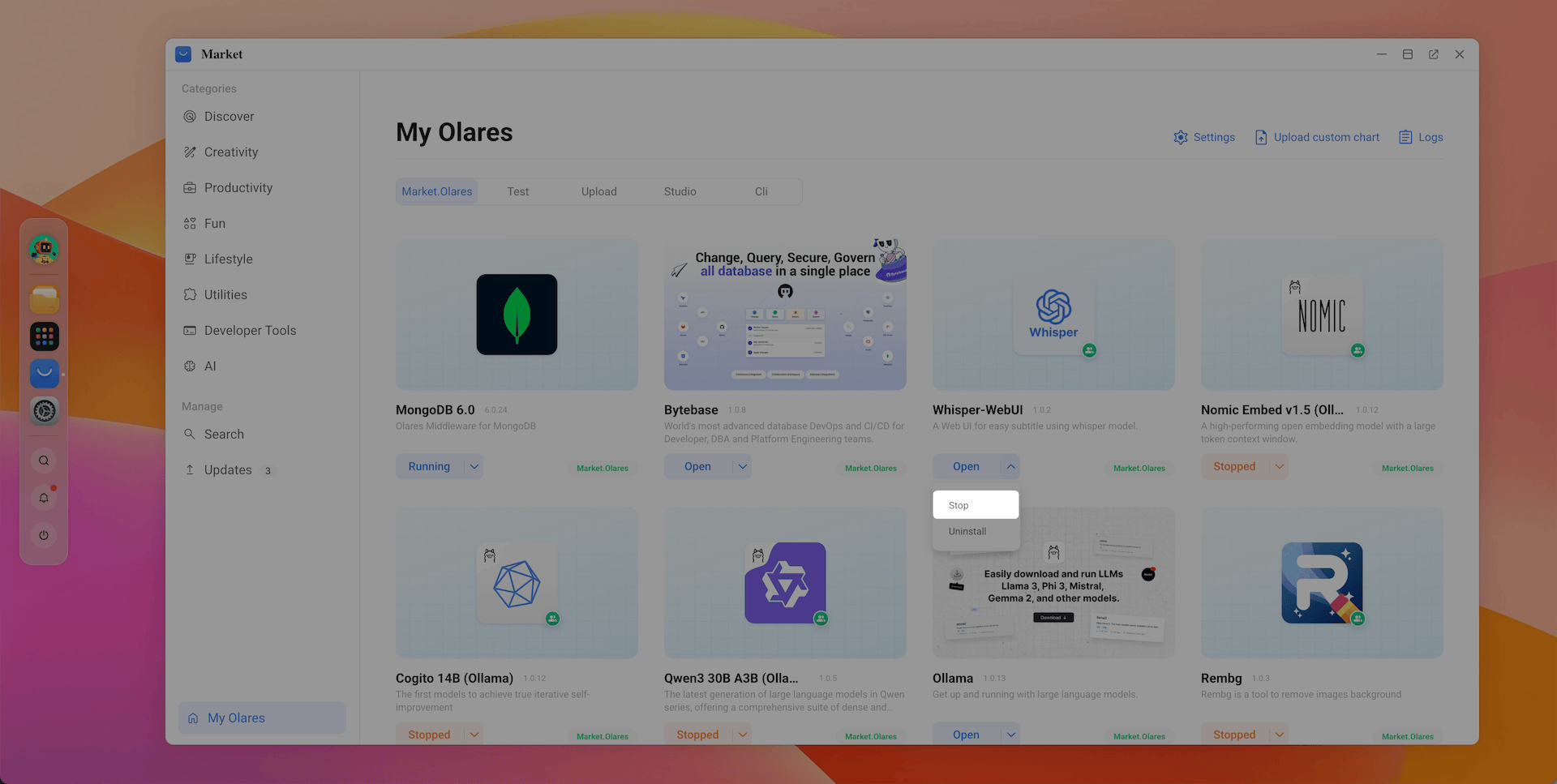 Market My Olares select app to stop