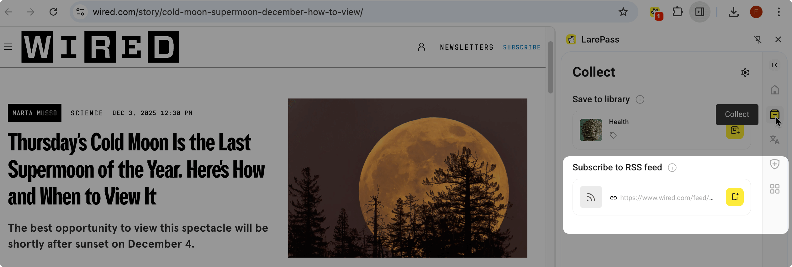 Subscribe to RSS feed via LarePass