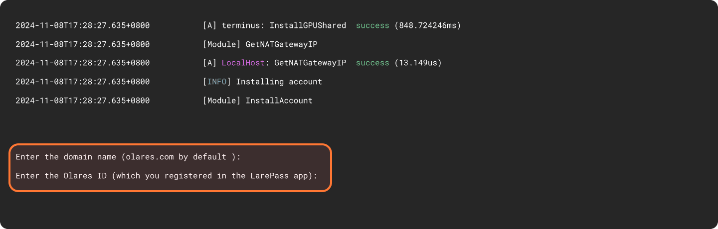 Enter domain name and Olares ID