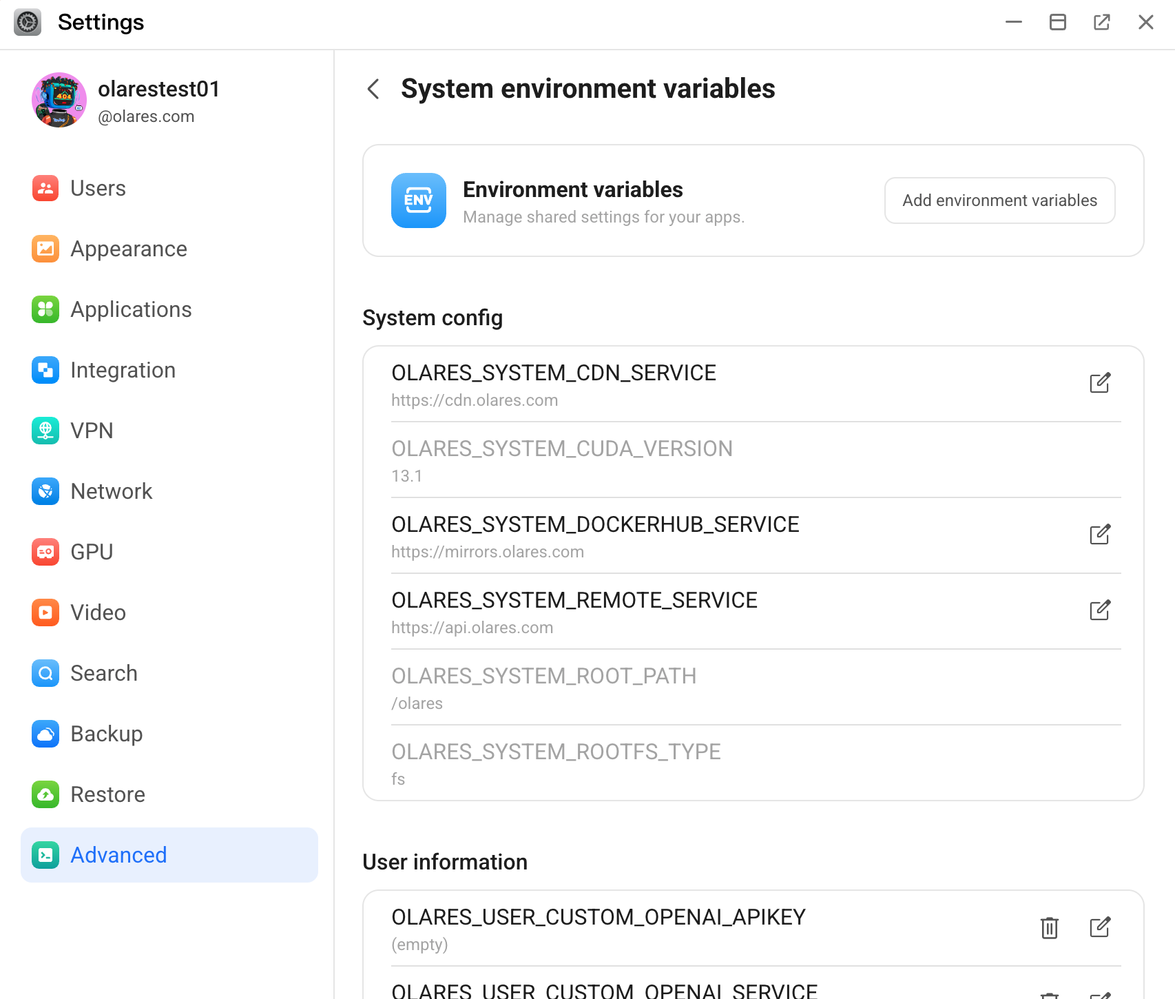 System system-level environment variables