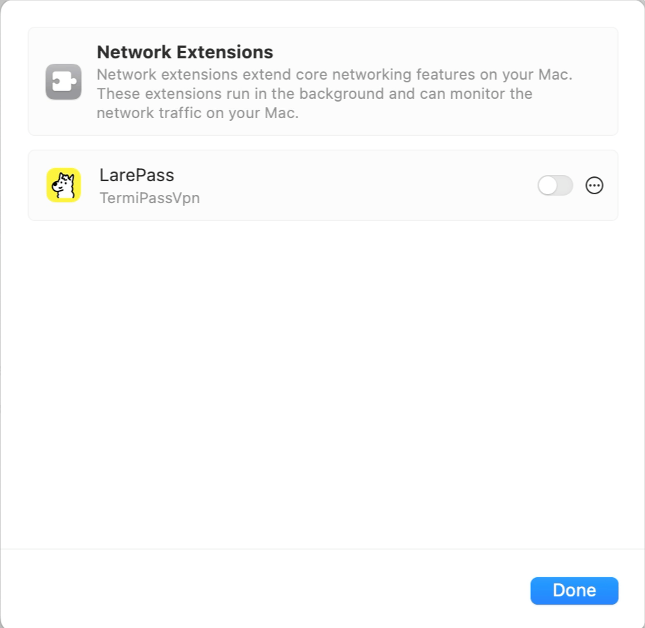 Toggle on LarePass network extension
