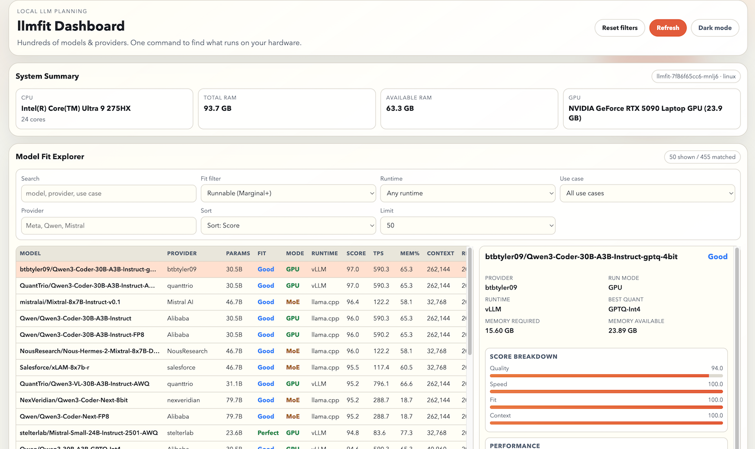 LLMFit dashboard