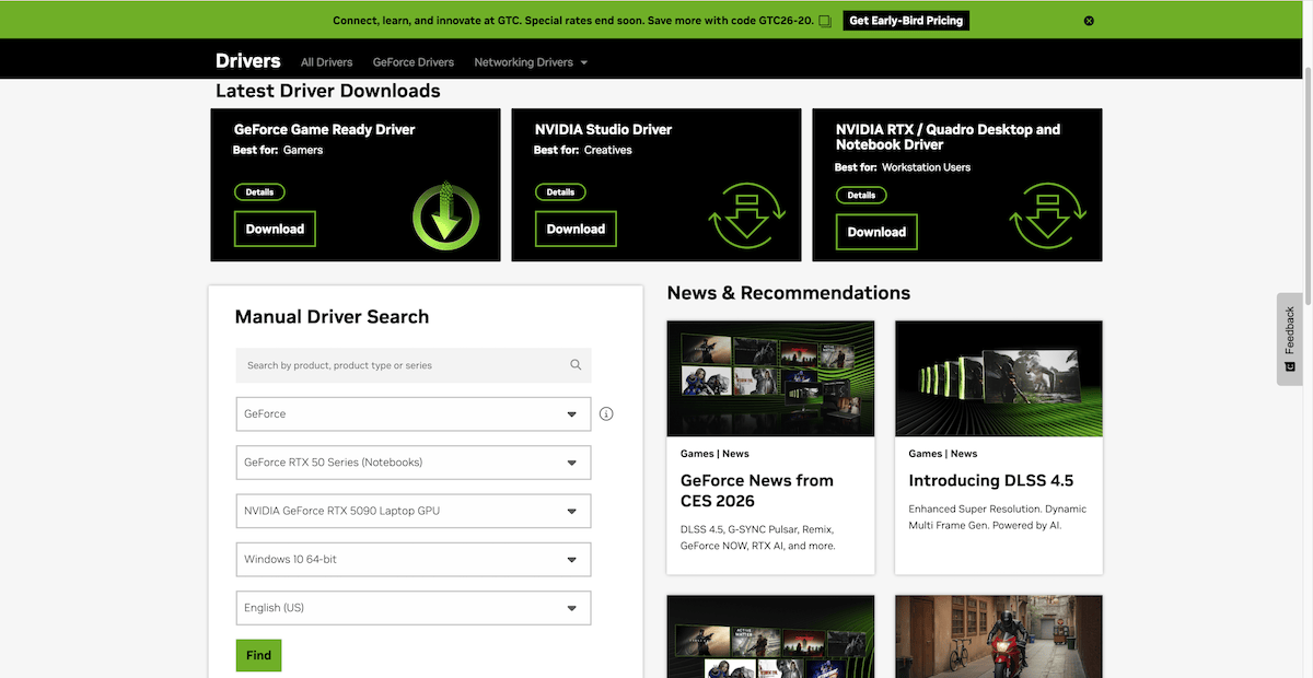 Nvidia drivers download page